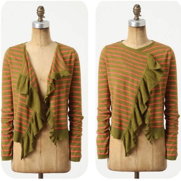 Anthropologie Sparrow Green/Pink Traveling Stripe Ruffled Cardigan Size Medium - Picture 1 of 10